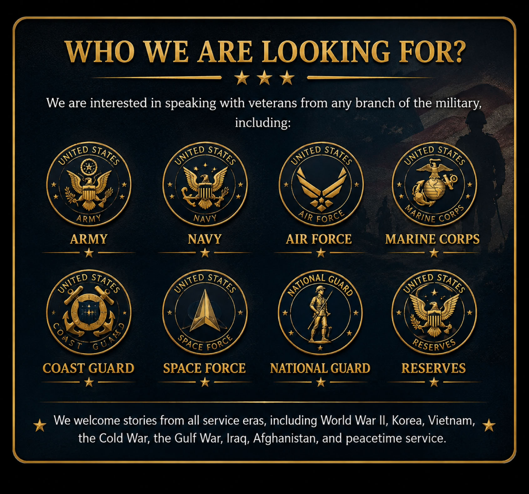 Veterans from all U.S. military branches and service eras are invited to share their stories with the Veterans Legacy Story Project