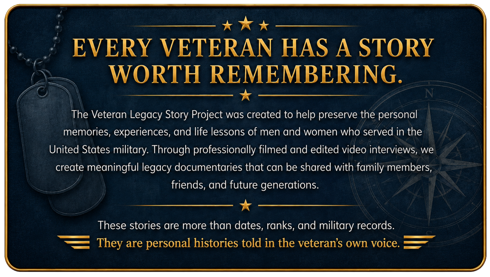 Veterans Legacy Story Project preserves the personal memories, experiences, and life lessons of U.S. military veterans for families and future generations