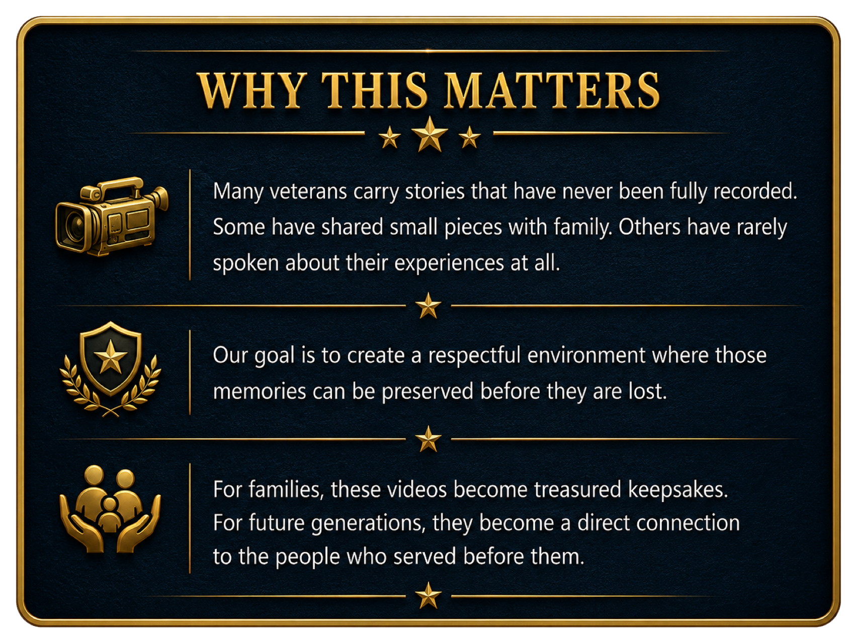 Veterans Legacy Story Project preserves veterans’ personal stories and memories through documentary video, creating lasting keepsakes for families and future generations.