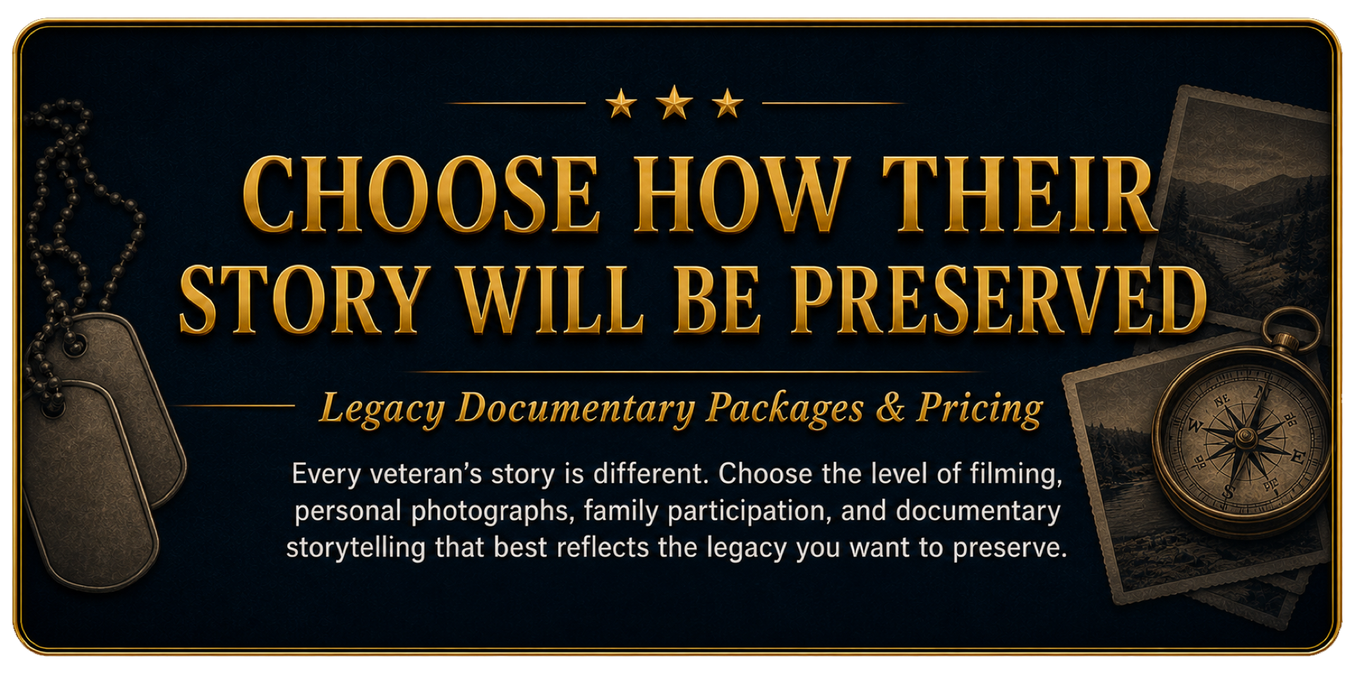 Veteran documentary packages offering personalized filming, family participation, photographs, and storytelling options to preserve each veteran’s legacy.